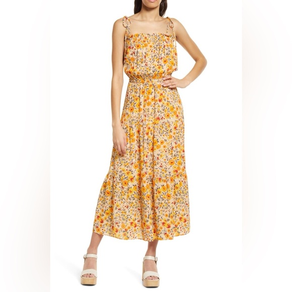 Lost + Wander Orange Yellow Floral Maxi Dress Boho Cottagecore Smocked Tiered L - Picture 5 of 12